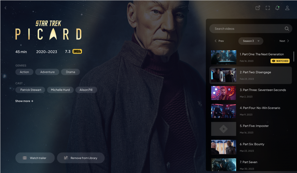 Zrzut ekranu Stremio lista odcinków serialu Picard